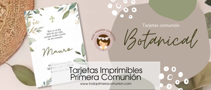 Tarjetas Imprimibles de Primera Comunión Estilo Botanical