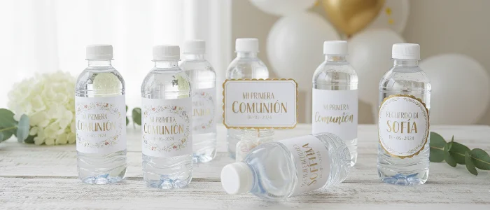 Ideas de etiquetas para botellitas de agua en Comunión